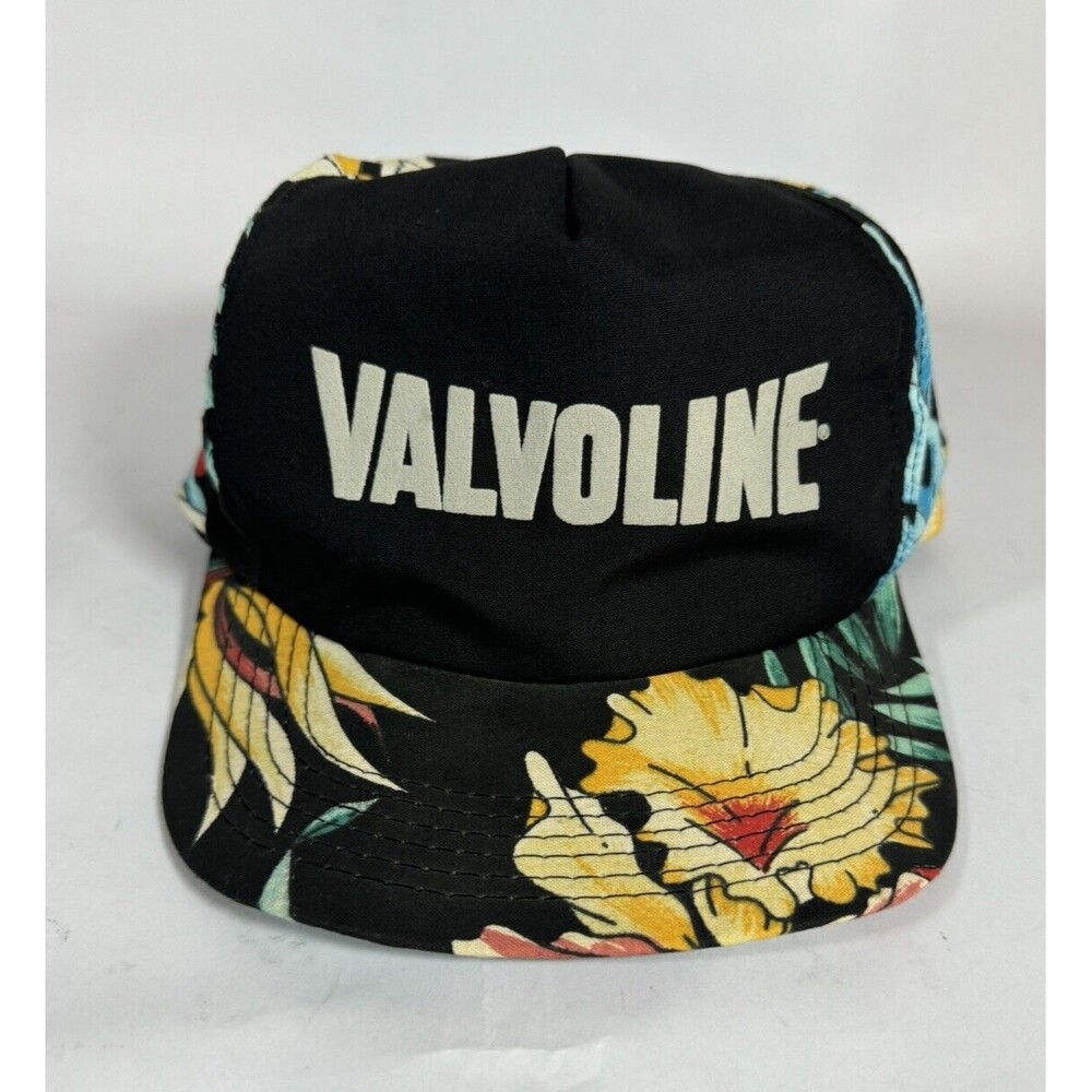 Vintage Valvoline Hat Black Floral Hawaiian Print Snapback USA Made